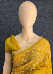 Embroider Mustard Linen Saree