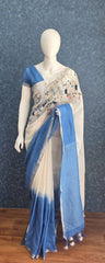 Embroider white Blue Linen Saree