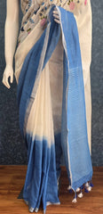 Embroider white Blue Linen Saree