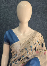 Linen Saree white Blue embroider