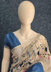 Embroider white Blue Linen Saree