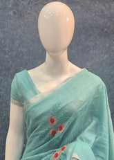 Linen Saree Aqua Blue