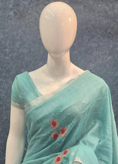 Embroider Aqua Blue Linen Saree