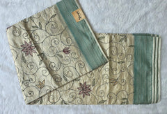 Kantha Work Cream Green Saree