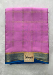 Pure Mysore Crepe Pink Blue Checks Silk Saree