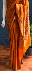 Self Orange Pure Banarasi Crepe Silk Saree