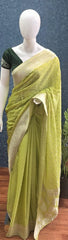 Contrast Parrot Green Semi Crepe Silk Saree