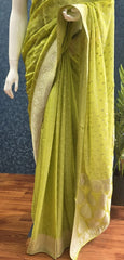 Contrast Parrot Green Semi Crepe Silk Saree