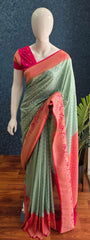Contrast Pista Green Pink Gorgette Saree