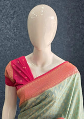 Contrast Pista Green Pink Gorgette Saree