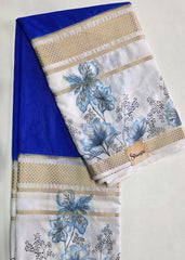 Premium Crepe Floral Print Blue and White