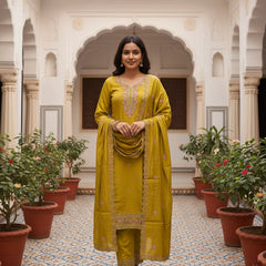 Party Wear 3 piece Mustard Embroider Suit