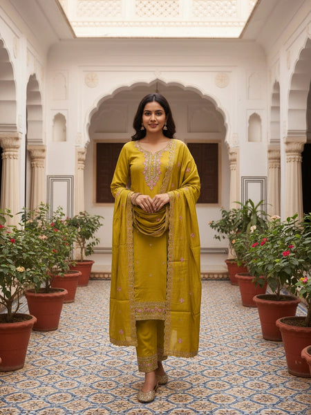 Party Wear 3 piece Mustard Embroider Suit