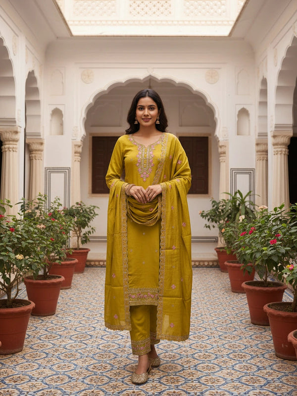 Party Wear 3 piece Mustard Embroider Suit