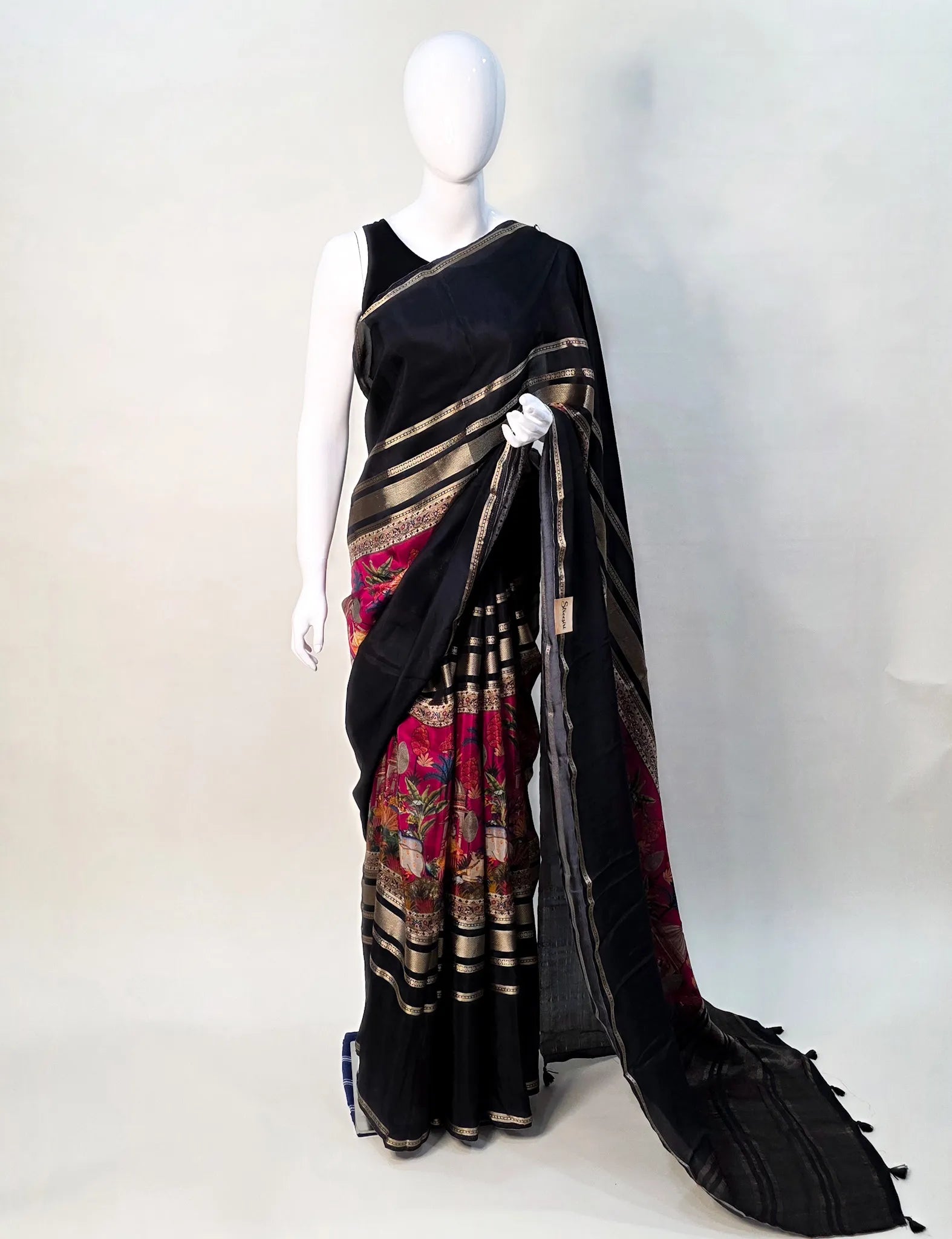 Semi Mysore crepe- black and pink