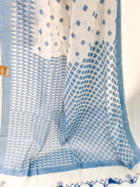Jamdani White  Blue Cotton Saree