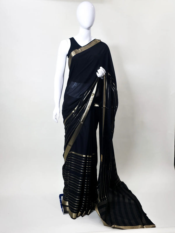 Half & Half Black Gold Zari Semi Mysore Crepe Silk Saree