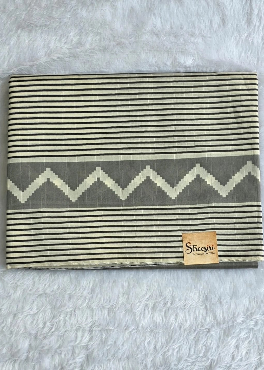 Womania Black Cream Stripes Cotton Saree
