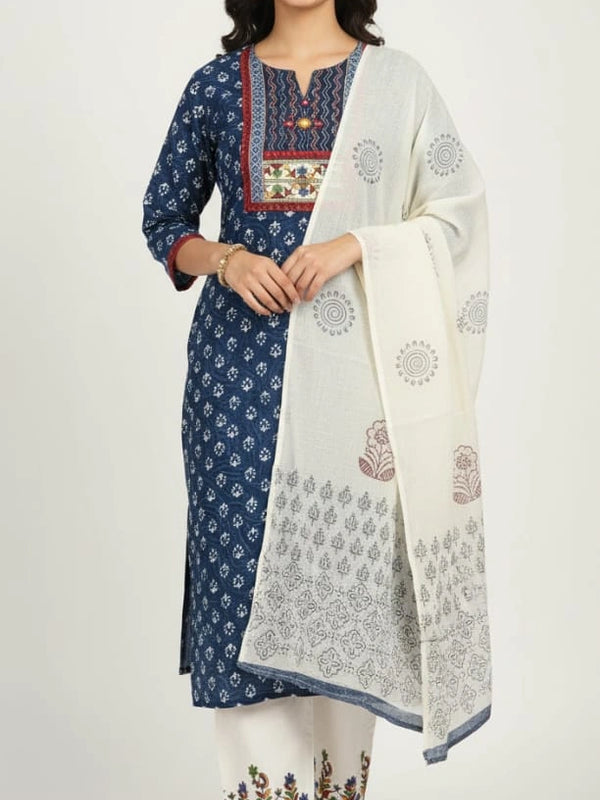 Contrast Blue White Cotton Suit