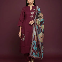 Collar Neck Marron Cotton Silk Suit