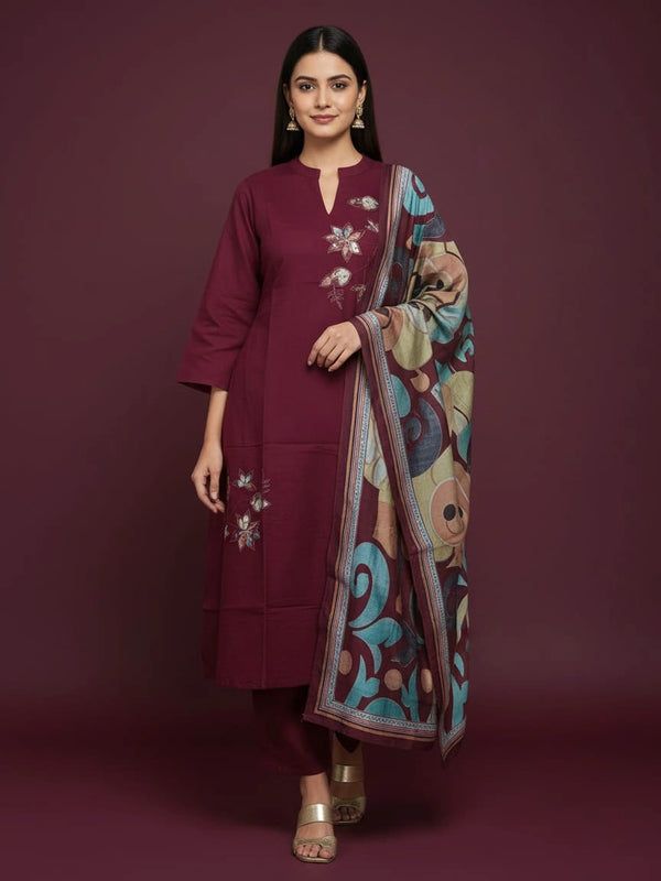 Collar Neck Marron Cotton Silk Suit