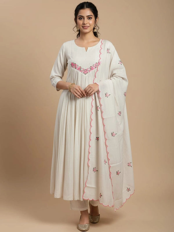 Embroidery Beige Chanderi Silk Suit