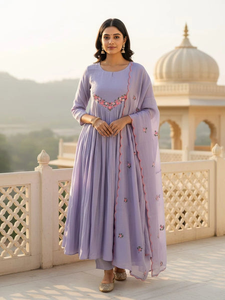 Embroidery Lavender Chanderi Silk Suit