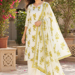Floral White Green Cotton Suit