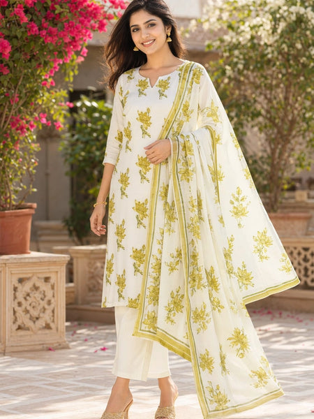 Floral White Green Cotton Suit