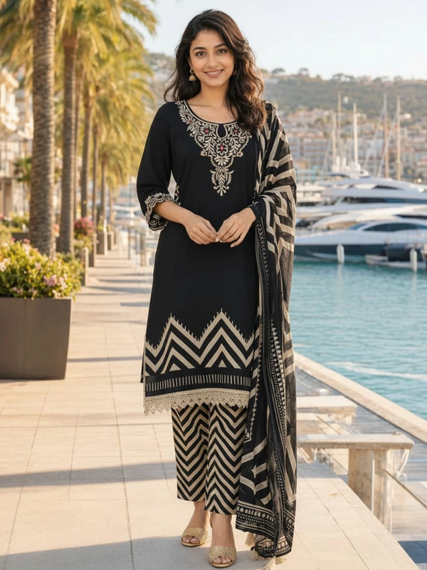 Embroidery Black Cotton Suit