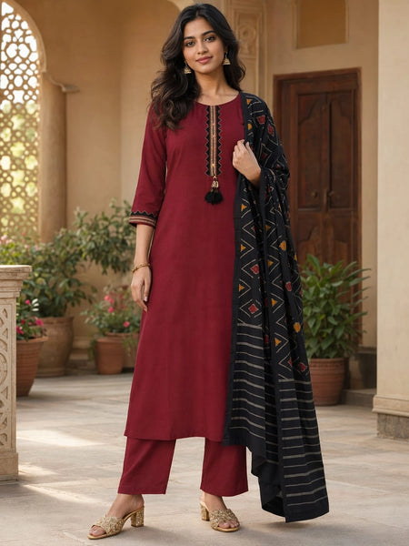 Contrast Maroon Black Cotton Suit