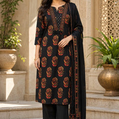Floral Black Cotton Suit