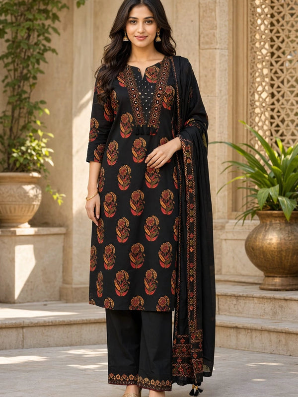 Floral Black Cotton Suit