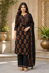Floral Black Cotton Suit