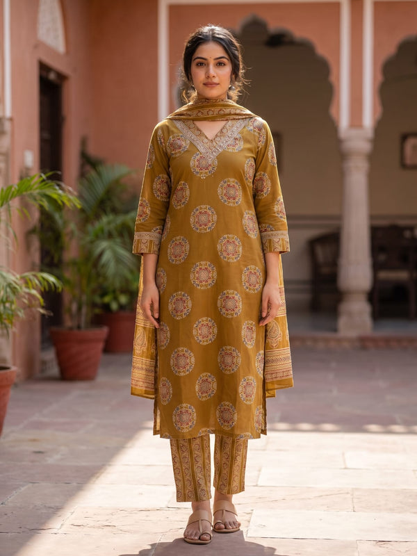 Ajrakh print  Mustard Cotton Suit