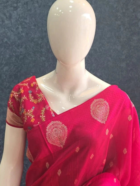 Brocade Blouse Pink Tussar Silk Saree