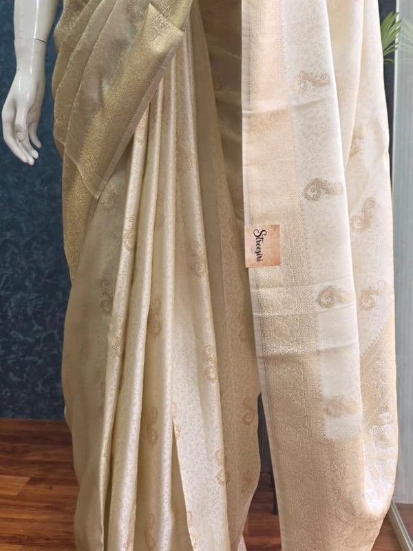 Self Half White Mushru Silk Saree