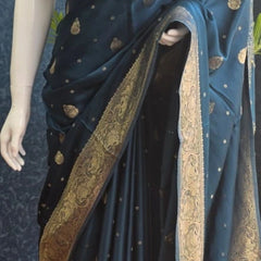 Self Teal Blue Mushru Silk saree