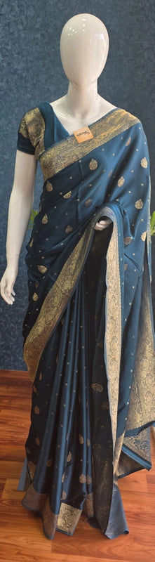 Self Teal Blue Mushru Silk saree