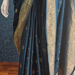 Self Teal Blue Mushru Silk saree