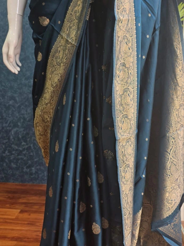 Self Teal Blue Mushru Silk saree