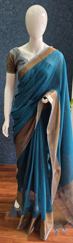 Contrast Blue Grey Jute Silk saree