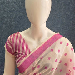 Jamdani White Pink Cotton Saree