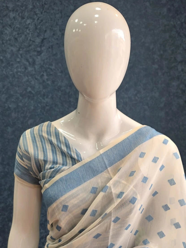 Jamdani White  Blue Cotton Saree