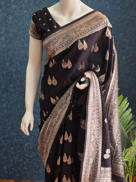 Gorgette Black Tussar Silk Saree