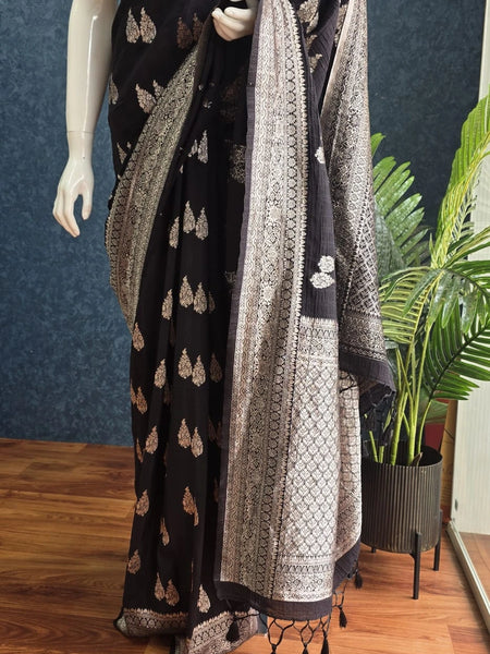Gorgette Black Tussar Silk Saree