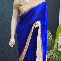 Jute Royal Blue Half White Tussar Saree