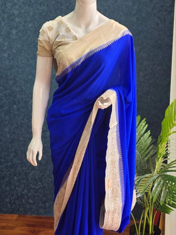 Jute Royal Blue Half White Tussar Saree
