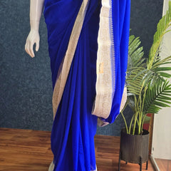 Jute Royal Blue Half White Tussar Saree