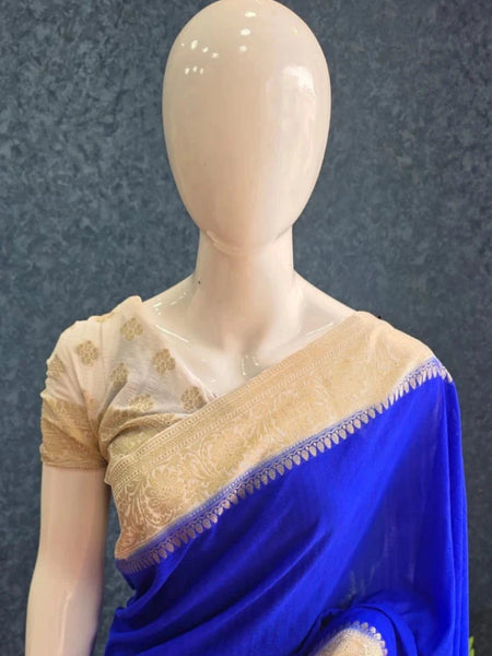 Jute Royal Blue Half White Tussar Saree